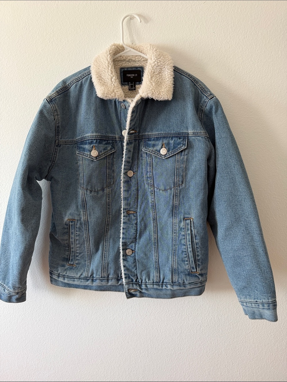 Forever 21 Men's Light Blue Denim Bomber Jacket with Cream Sherpa Collar
